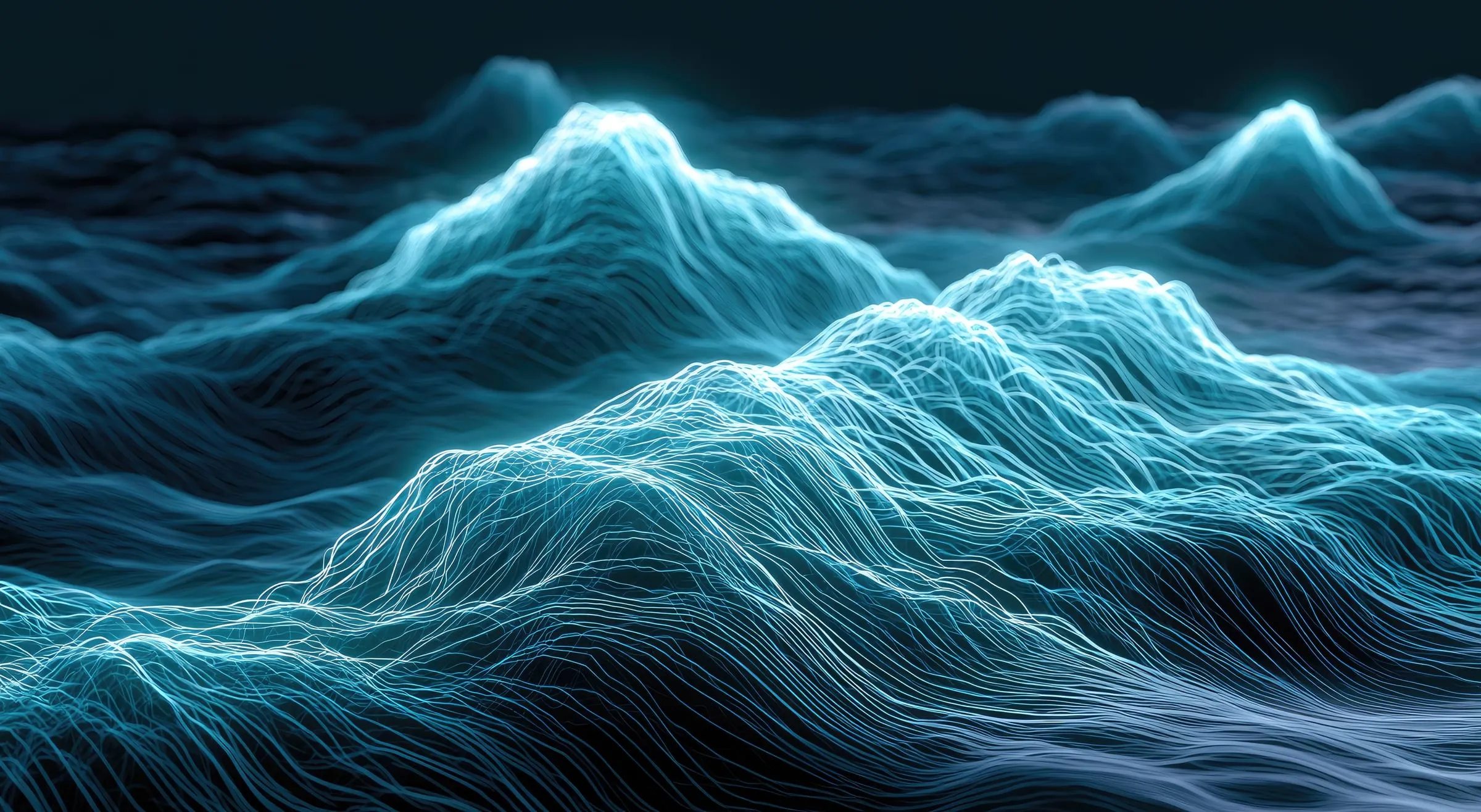 An abstract luminous cyan wireframe surface rising into peaks and valleys against deep navy black, evoking a computed model field.