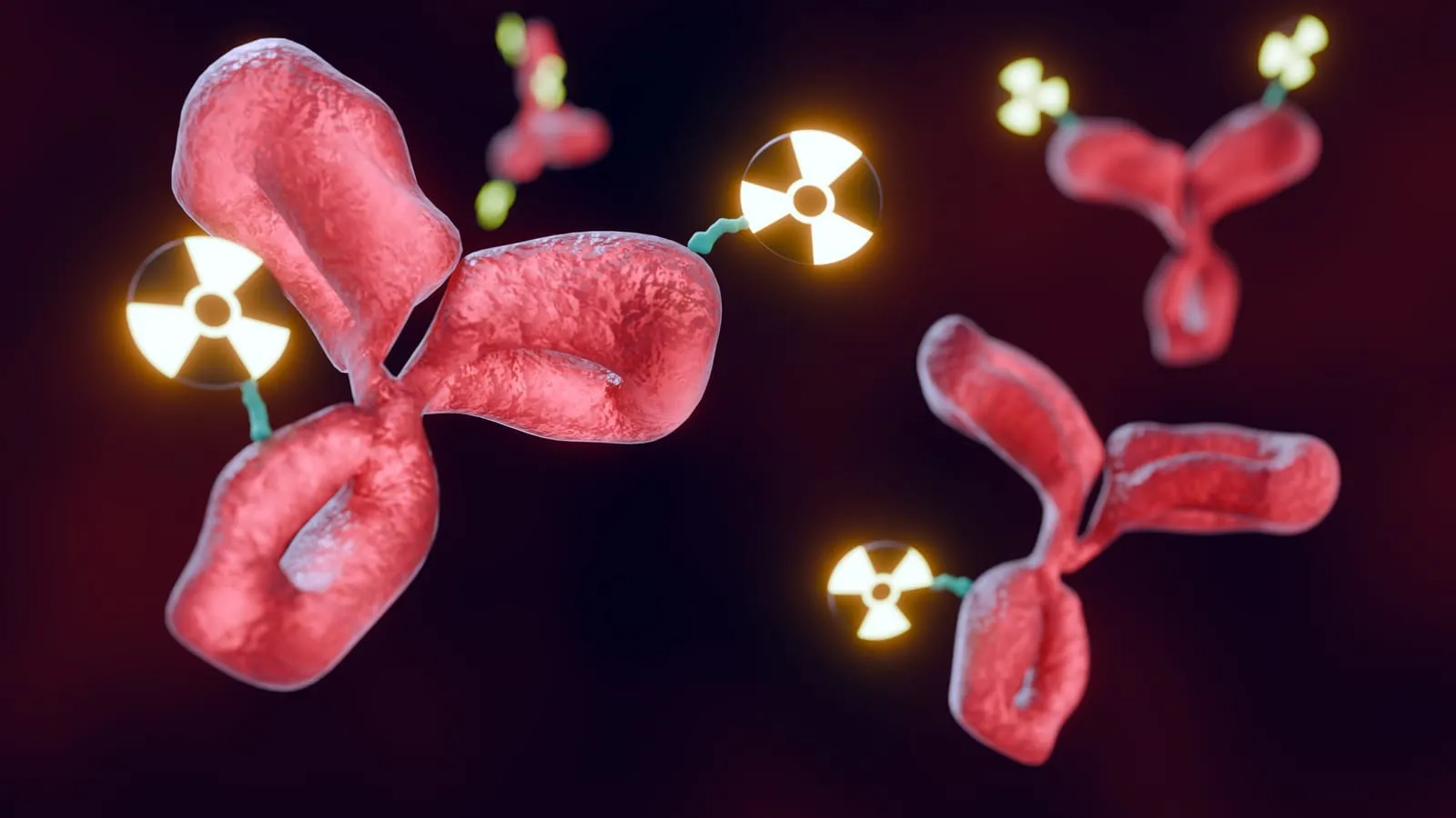A 3D illustration of Y-shaped antibodies, each carrying a small radioactive payload, floating against a dark background.